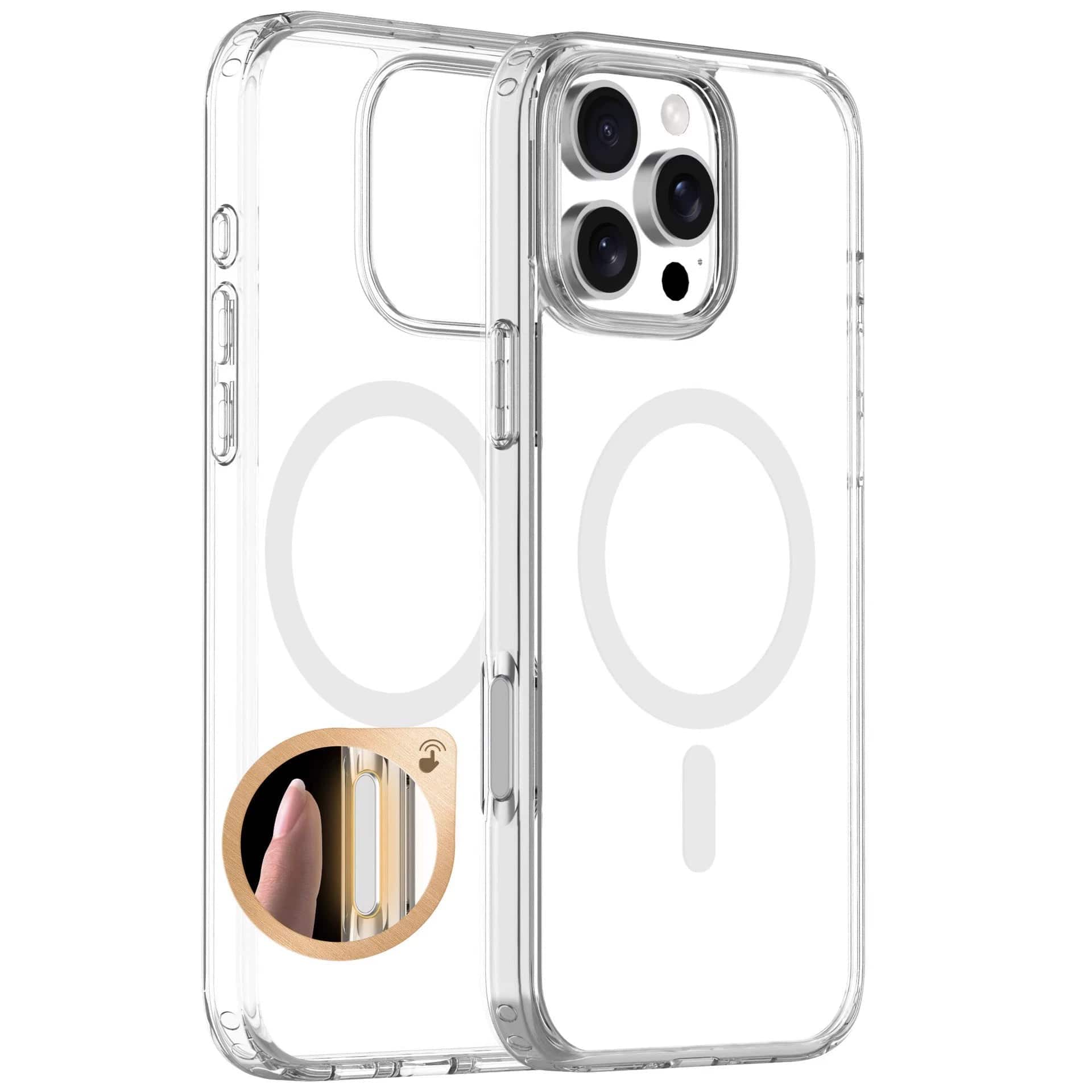 The iPhone 16 Pro Max MagSafe Case, highlighted with front and back views, showcases its gold capture button on the side in an inset image. This feature is enhanced with anti-fingerprint technology for a sleek appearance and includes 24 strong magnets for stable attachment.