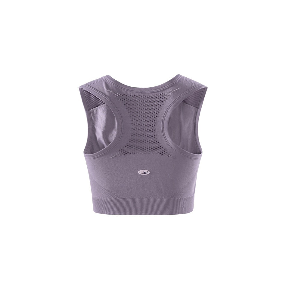 Back view of a muted lavender cropped sports bra with a perforated racerback panel and wide ribbed hem.