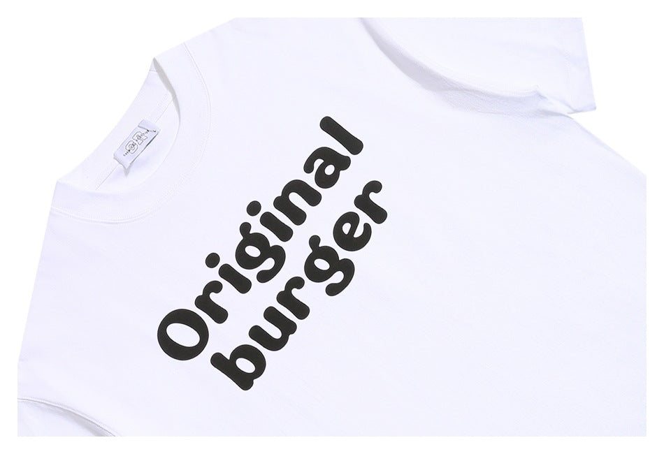 White short-sleeve T-shirt shown diagonally, with bold black “Original burger” lettering across the front.