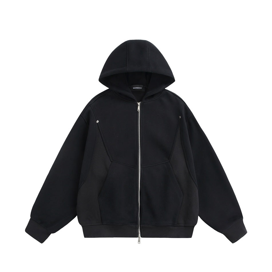 Black zip-up hoodie, flat front view with paneled seams, shoulder studs, angled pockets and silver zipper