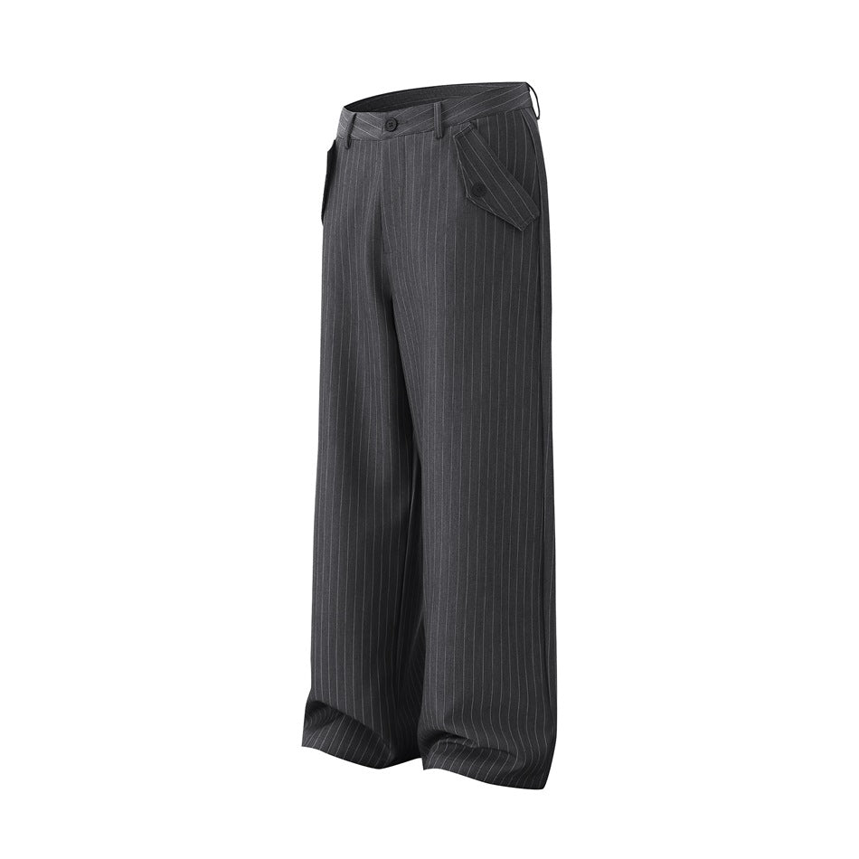 Gray pinstripe wide-leg trousers, angled three-quarter view, showing button waistband and flap pocket