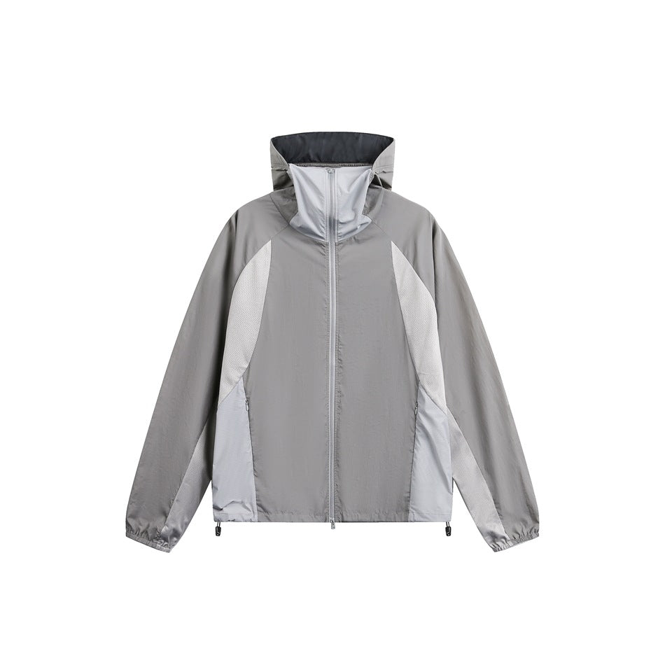 Gray hooded zip jacket with light gray mesh-look side panels, high collar and hem toggles, flat front view