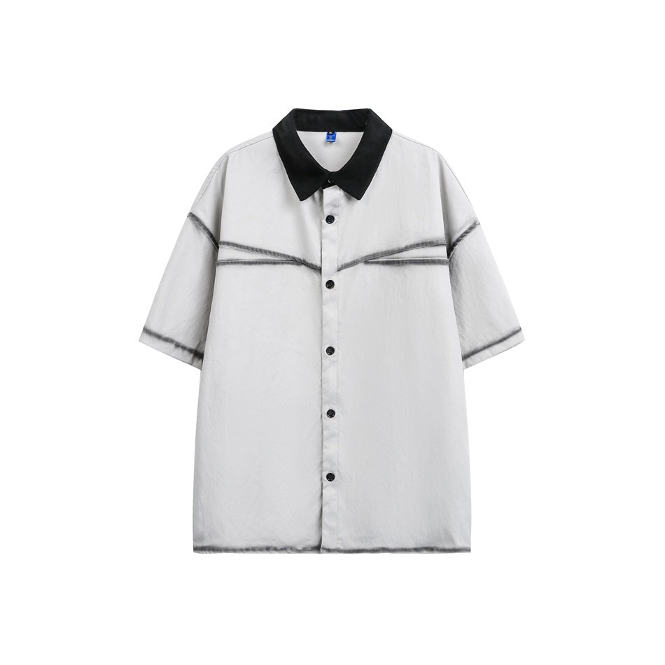 Light gray short-sleeve button-up shirt with black collar and faded dark edge seams, front flat view