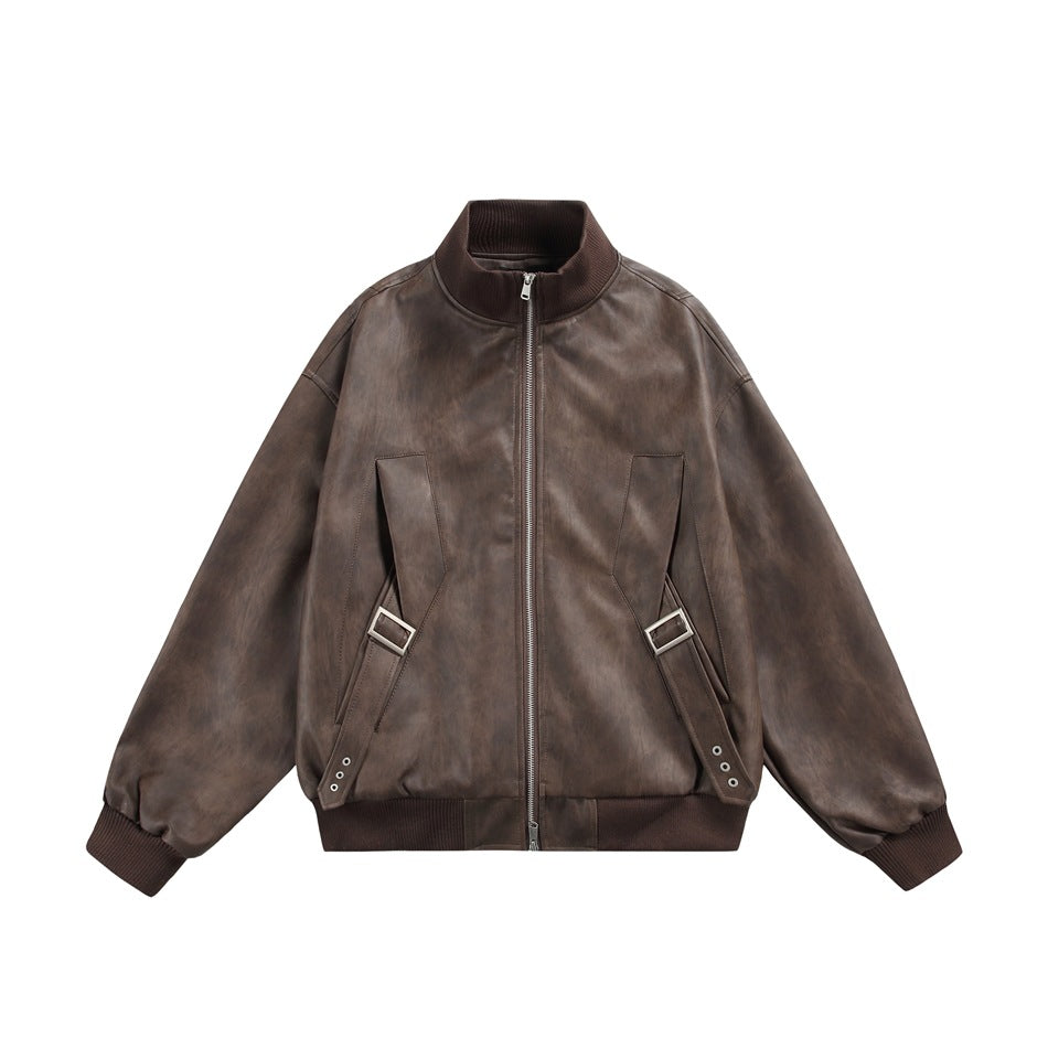 Brown mottled faux-leather-look stand-collar zip jacket with ribbed trim and buckled side straps, front flat view