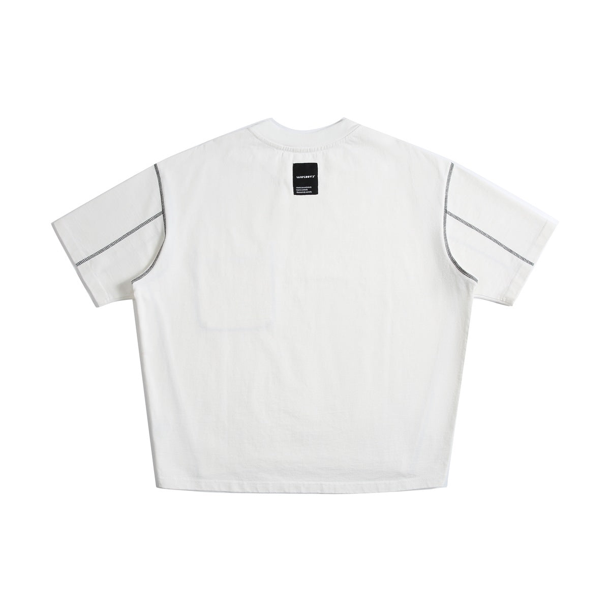 Back view of an off-white short-sleeve T-shirt with dark contrast stitching and a small black label below the neckline.