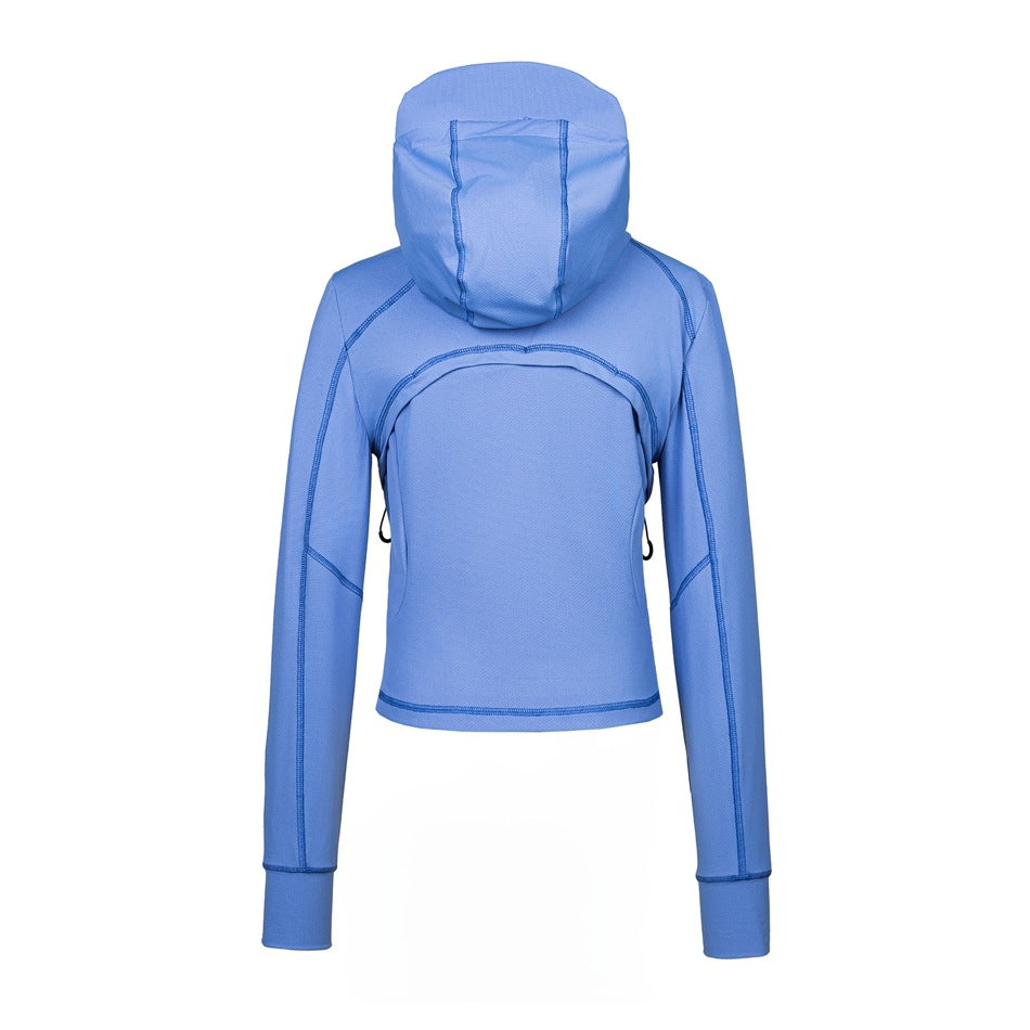 Back view of a blue hooded jacket with long sleeves and curved seam details.