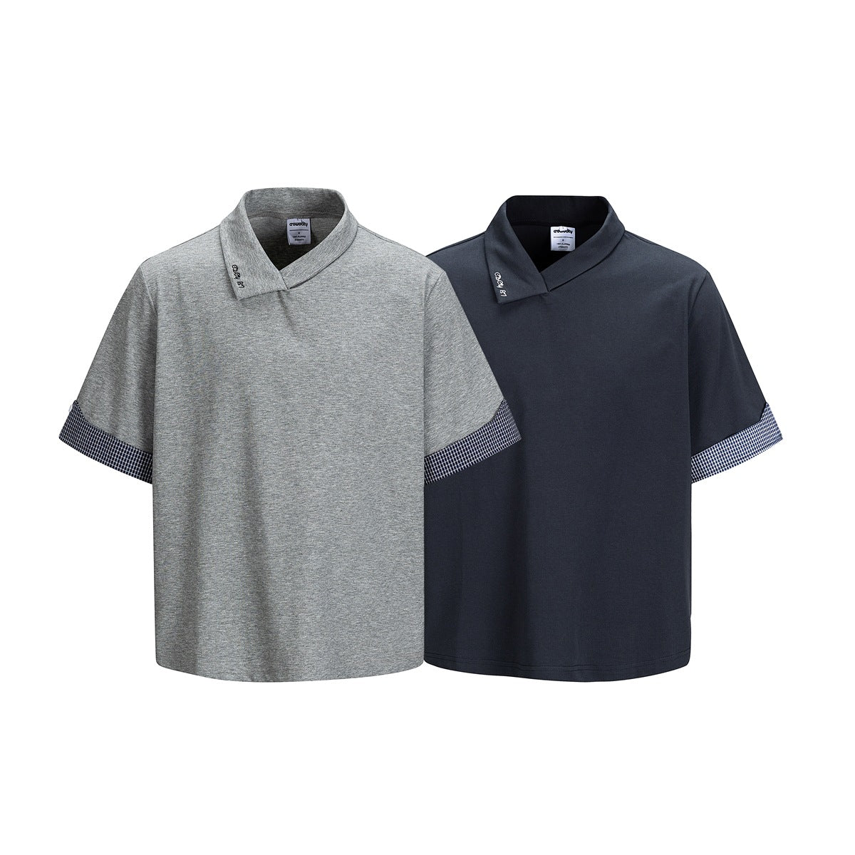 Two short-sleeve crossover-collar tops, one heather gray and one dark navy, with checked sleeve cuffs.