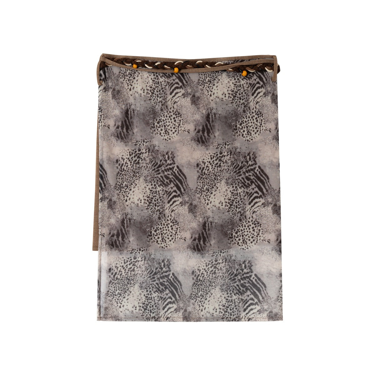 Back view of a gray animal-print mini skirt with brown edging and braided trim along the waistband.