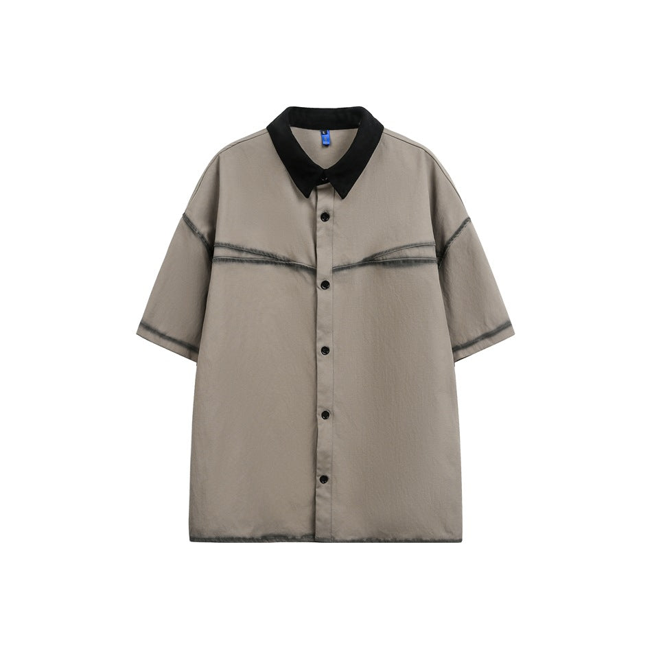 Khaki short-sleeve button-up shirt with black collar and faded dark edge seams, front flat view