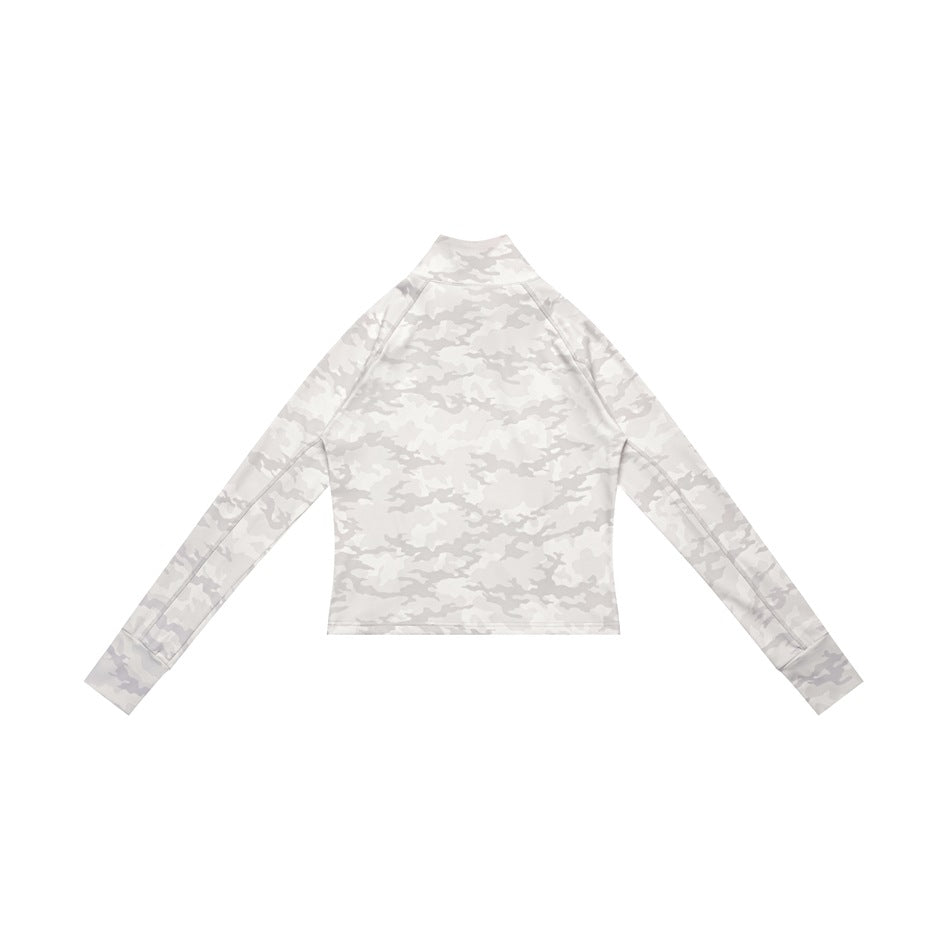 Back view of a long-sleeve zip-up top in light gray and white camouflage.