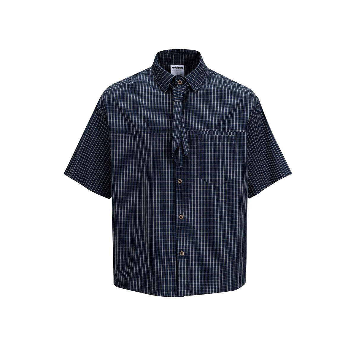 Navy plaid short-sleeve button-up shirt with attached neck tie and chest pocket, front flat view