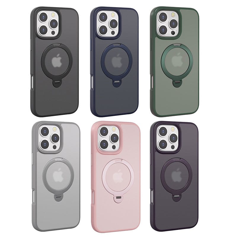 Six MagSafe-Compatible iPhone 16 Pro Max cases, featuring a 360° rotating stand and cardholder capabilities, are available in colors such as black, green, gray, pink, and dark purple. Each case is showcased on a white background.