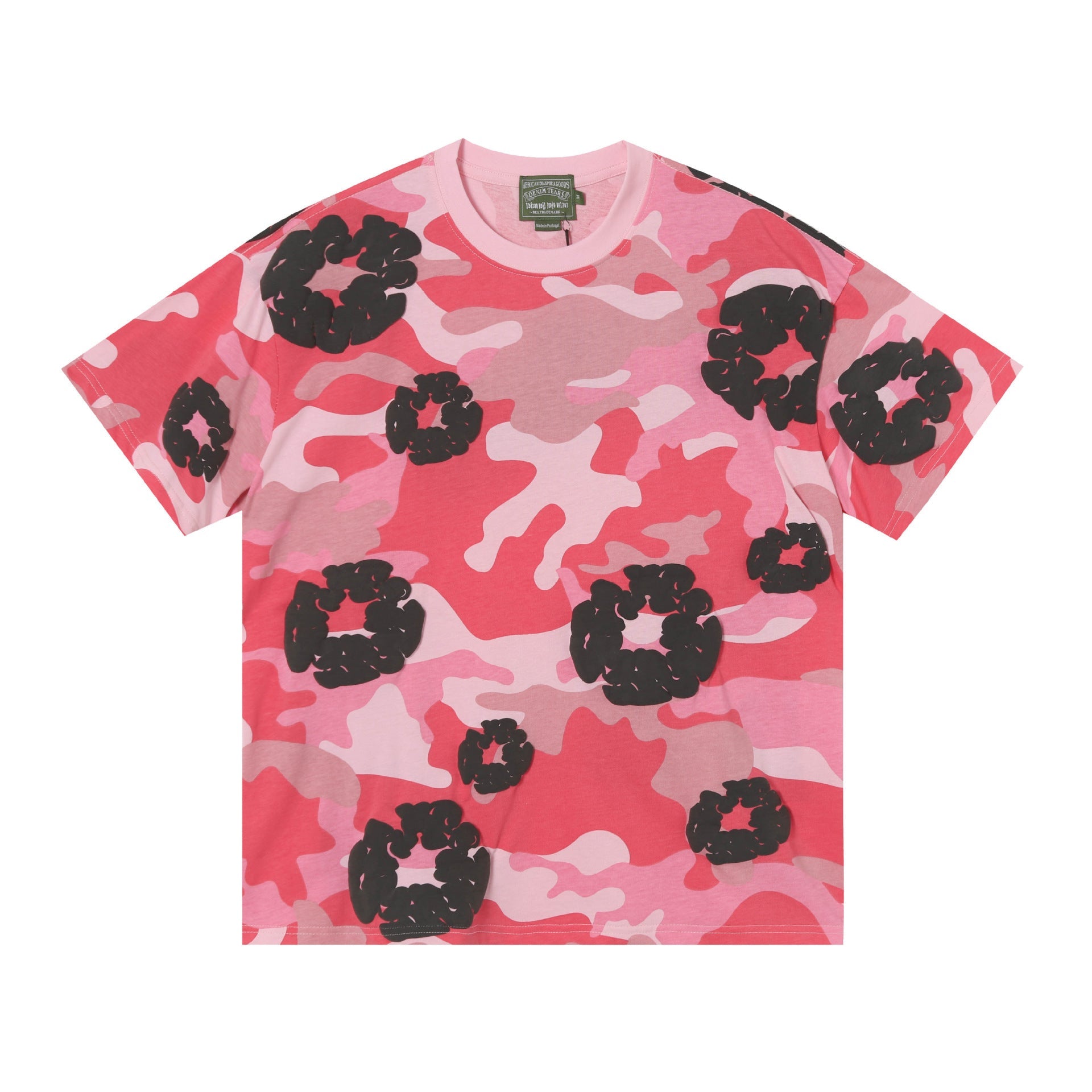 Denim Tears pink camouflage T-shirt with black wreath all-over print, crew neck, short sleeves, flat lay view