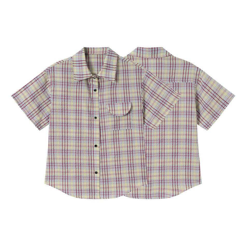 Short-sleeve button-up plaid shirt shown from the front and back, with a chest pocket and dark buttons.