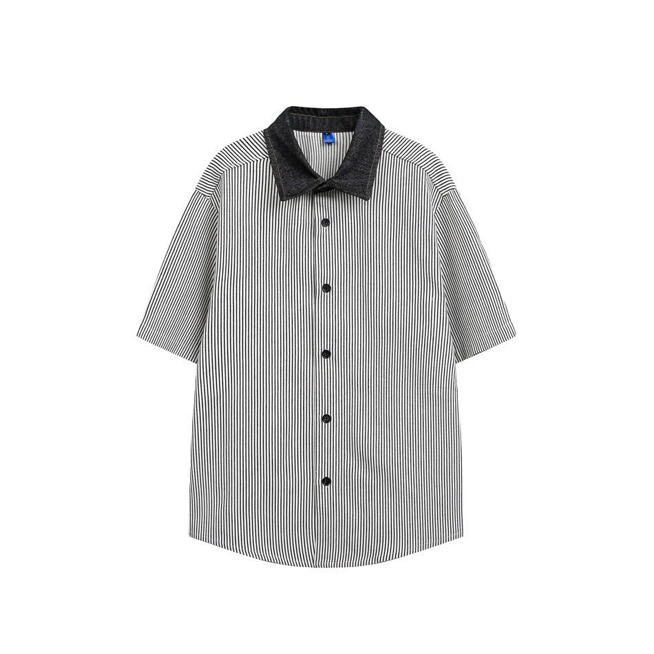 Black striped short-sleeve button-up shirt with dark charcoal denim-look collar, flat front view