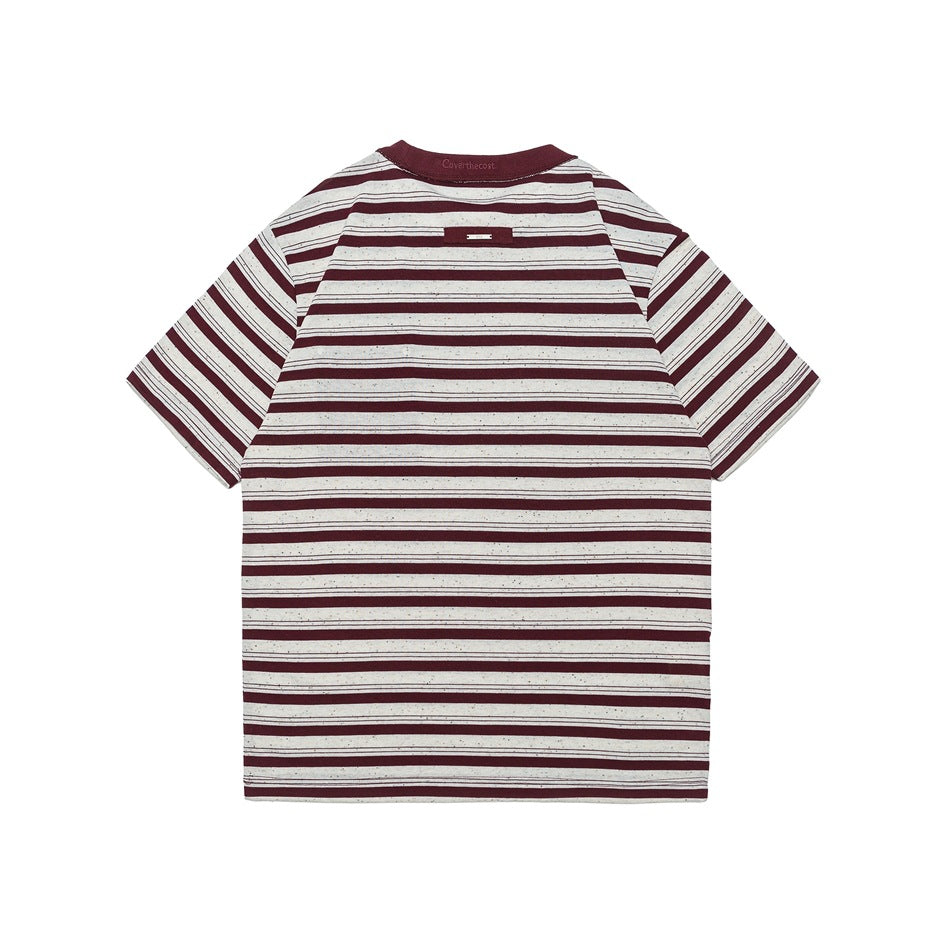 Back view of red and white striped short-sleeve T-shirt with small tab label at the back neck