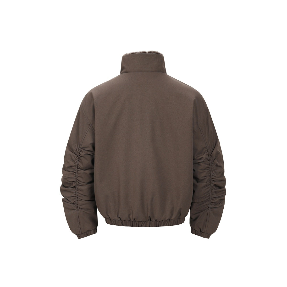 Back view of a brown jacket with a high collar, gathered cuffs and sleeves, and an elasticized hem.