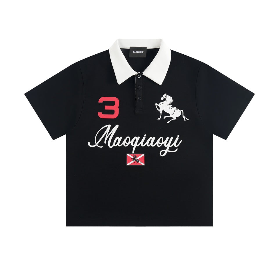 Black short-sleeve polo with white collar, red number 3, white horse graphic, script lettering and flag patch, flat front