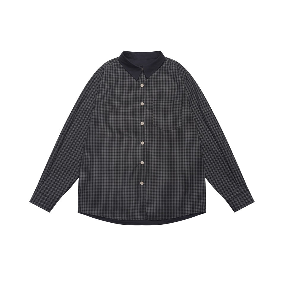 Front view of a charcoal plaid long-sleeve shirt with a solid dark collar and light-colored buttons.