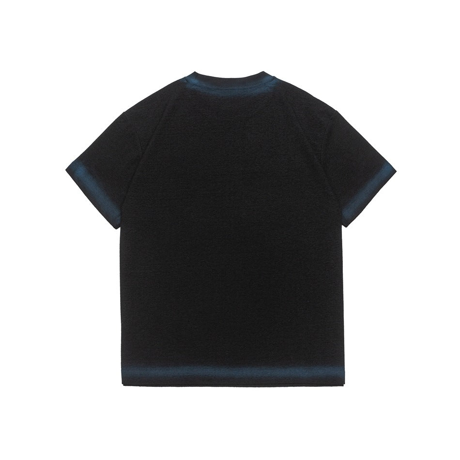 Back view of a plain black short-sleeve crew-neck T-shirt on a white background.