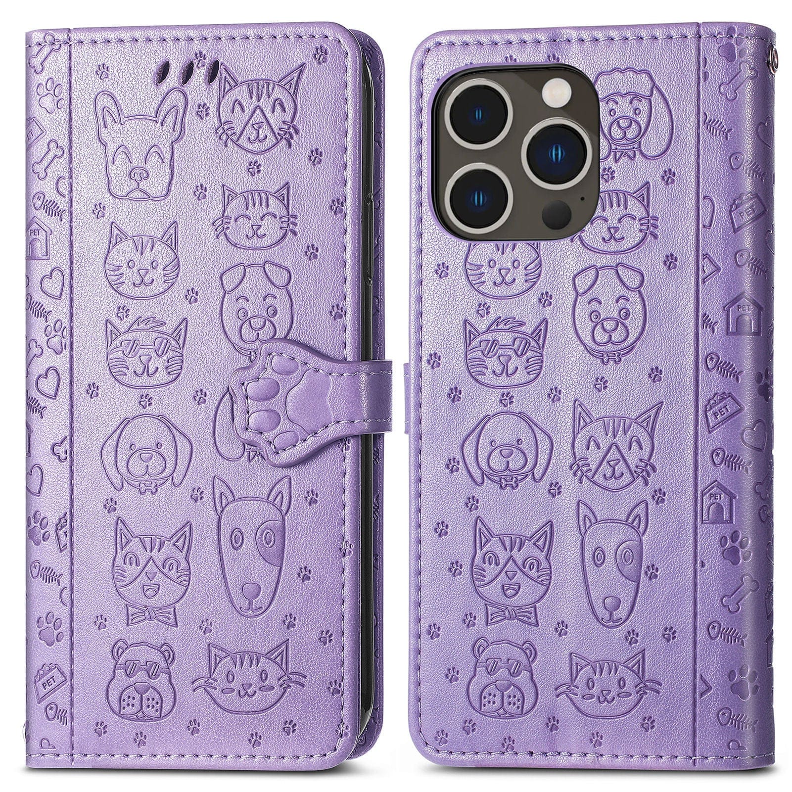The iPhone 16 Pro Max Wallet Case with a cute cat and dog embossed design is available in purple. This PU leather flip cover showcases front and back views, and features multiple card slots, precise cutouts for the camera and buttons, as well as a built-in stand.