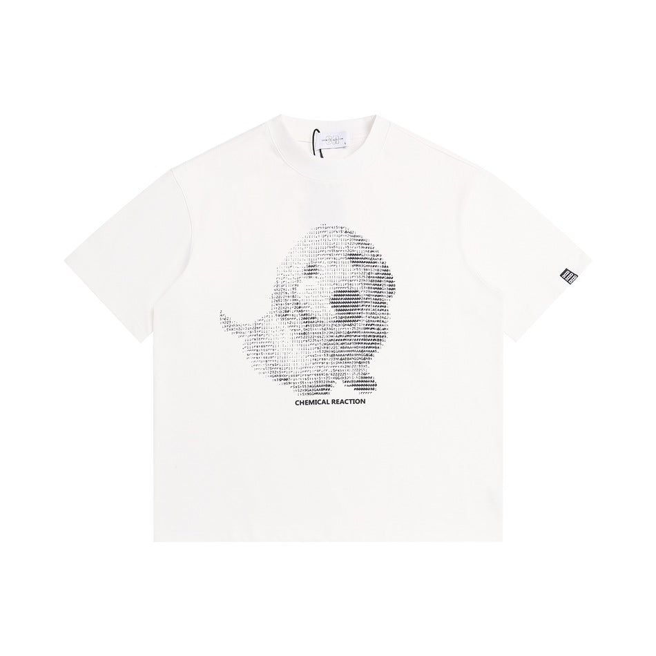 White short-sleeve crew-neck T-shirt with a pixelated character graphic and 'CHEMICAL REACTION' text, flat lay