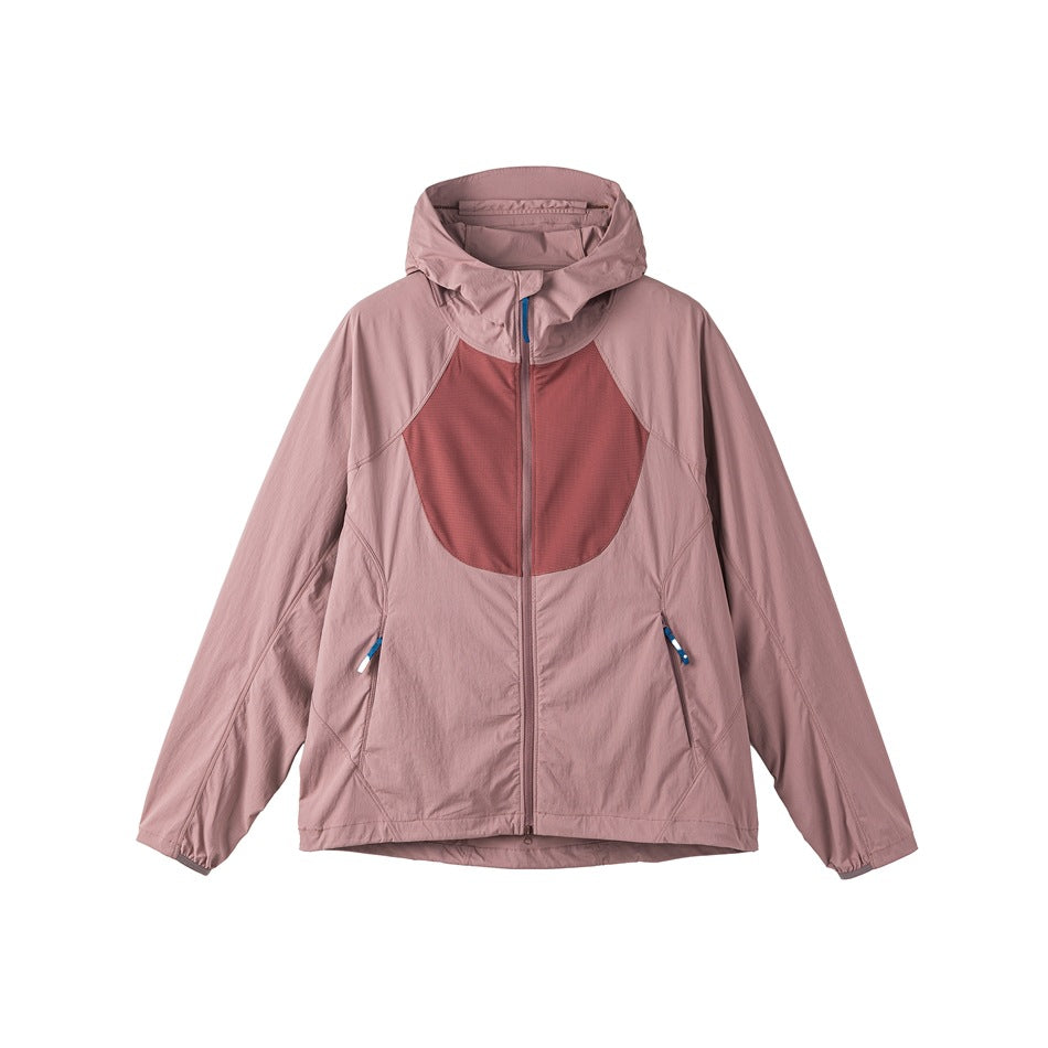 Dusty pink hooded zip jacket with brick-red chest panel and blue zipper pulls, front flat view