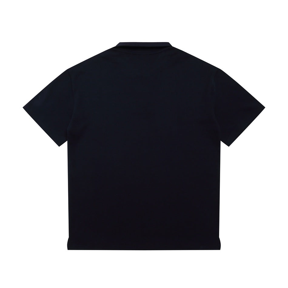 Back view of a plain black short-sleeve polo shirt on a white background.