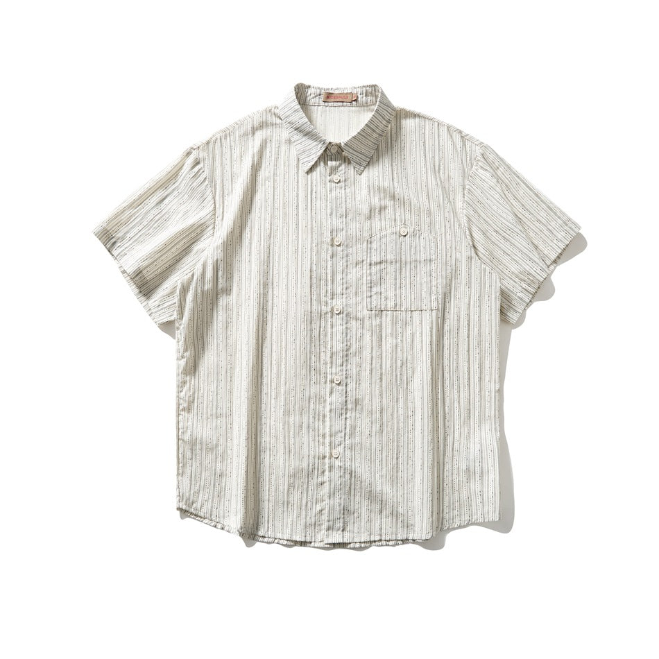 Off-white short-sleeve button-up shirt with fine vertical gray stripes and a chest pocket, flat lay front view