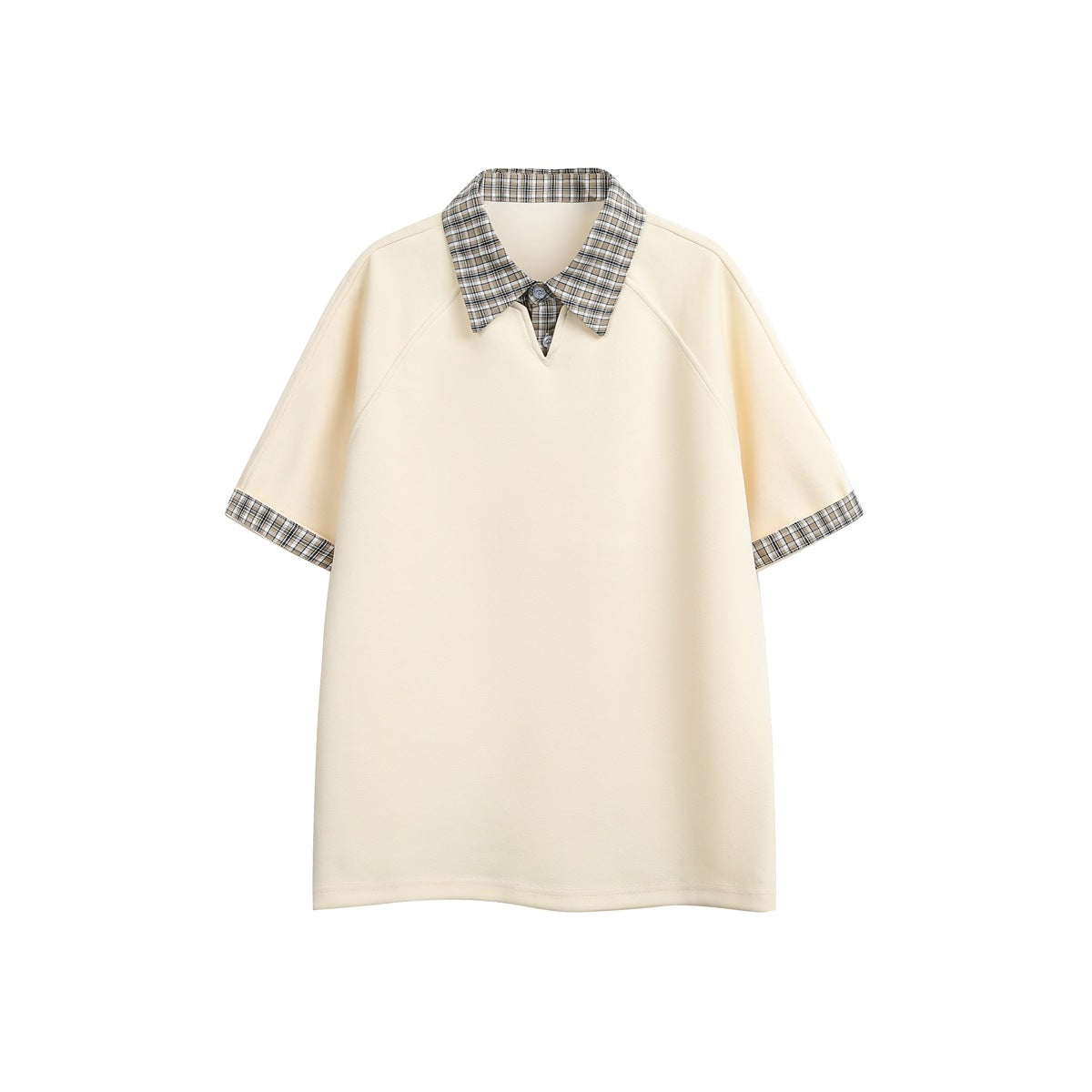 Apricot beige short-sleeve top with plaid collar and plaid cuffs, front view