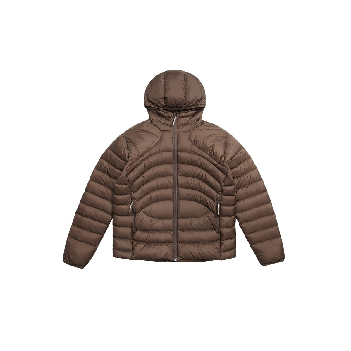 Brown hooded quilted puffer jacket with center zipper and zip pockets, flat lay front view