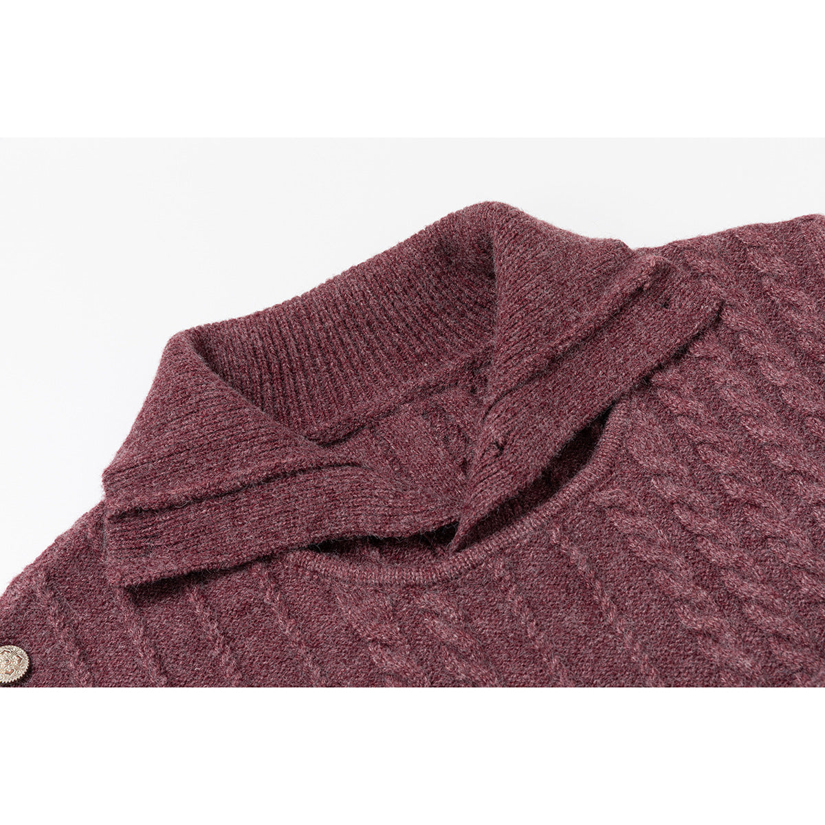 Close-up of a burgundy marled knit sweater with a wide folded collar and ribbed high neck.