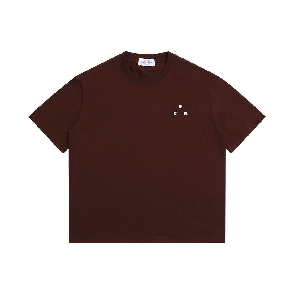 Burgundy short-sleeve crew-neck T-shirt flat lay with a small white F C R print on the left chest