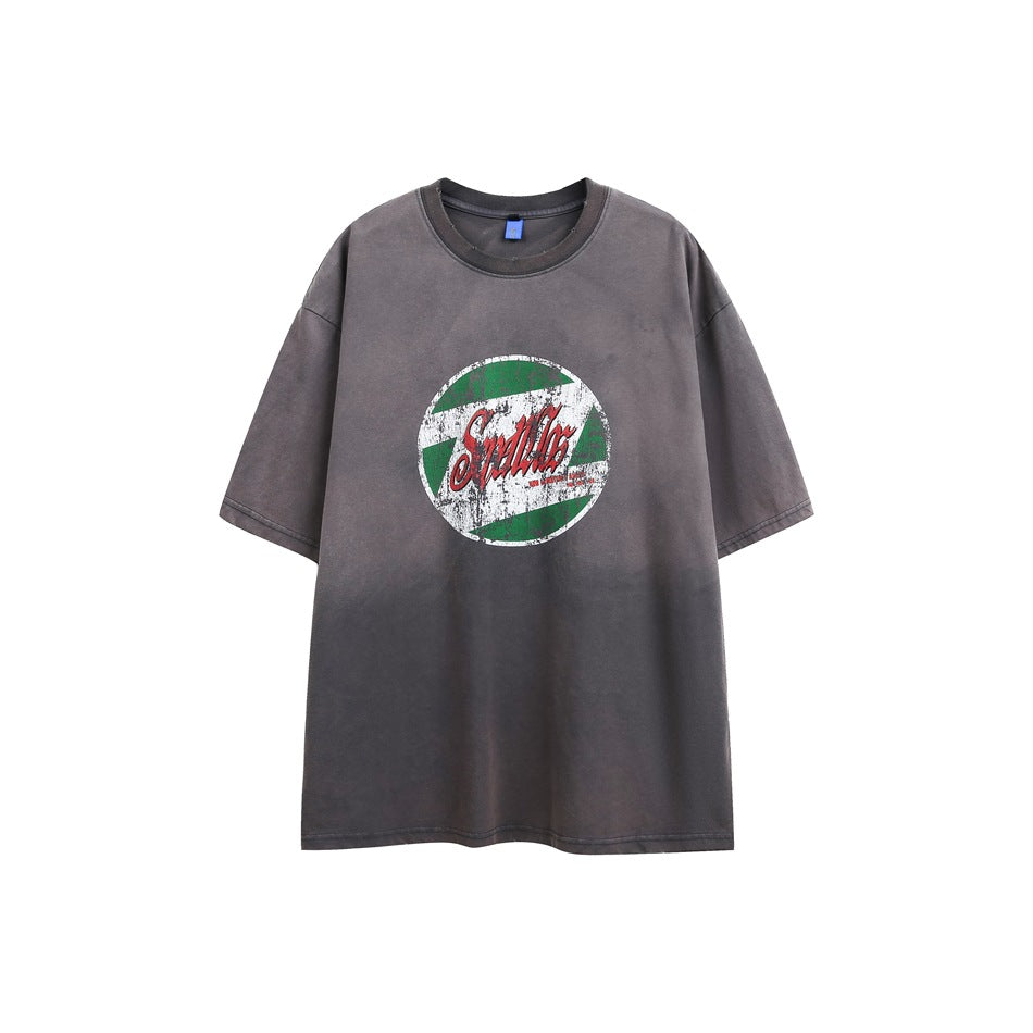 Gray washed short-sleeve T-shirt with a distressed green, white and red circular chest graphic, flat front view