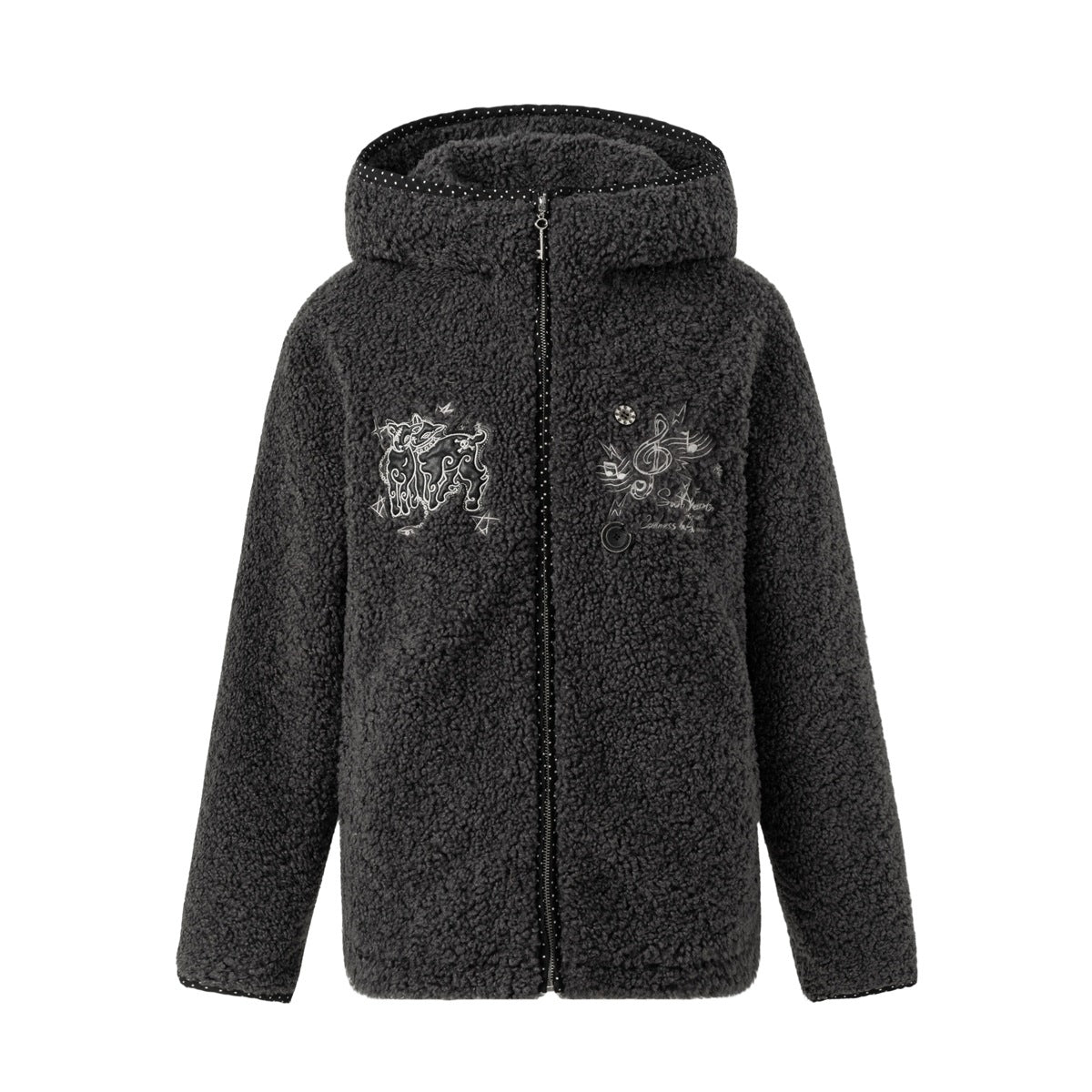 Dark gray hooded zip-up fleece-texture jacket with polka-dot trim and embroidered chest motifs, front view