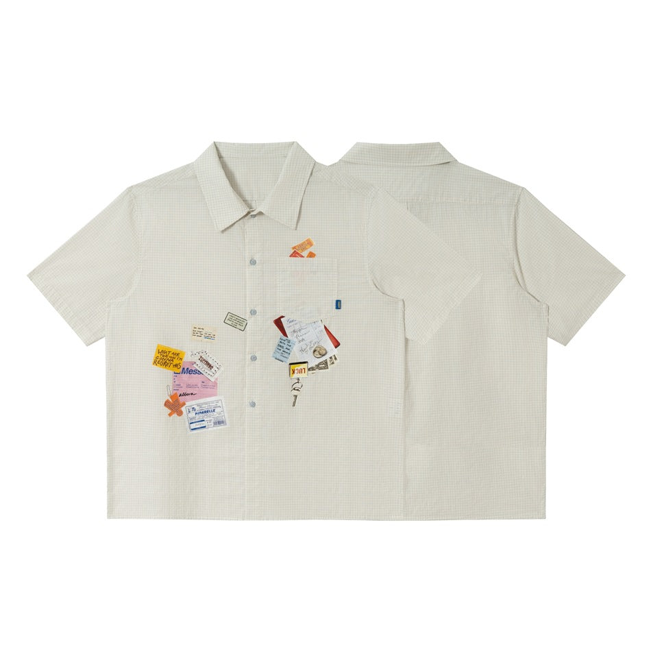 Cream short-sleeve blue-grid shirt shown from front and back, with colorful collage-style prints on the front.