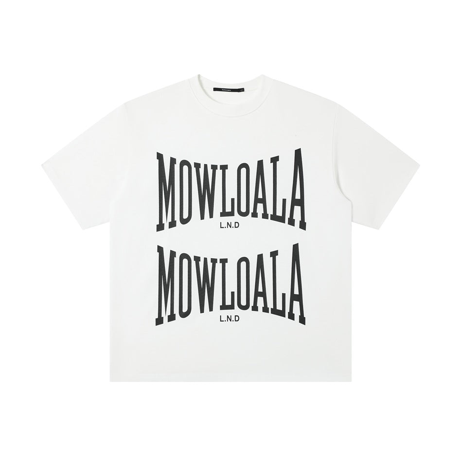 White short-sleeve crew-neck T-shirt with two rows of large black lettering on the front.
