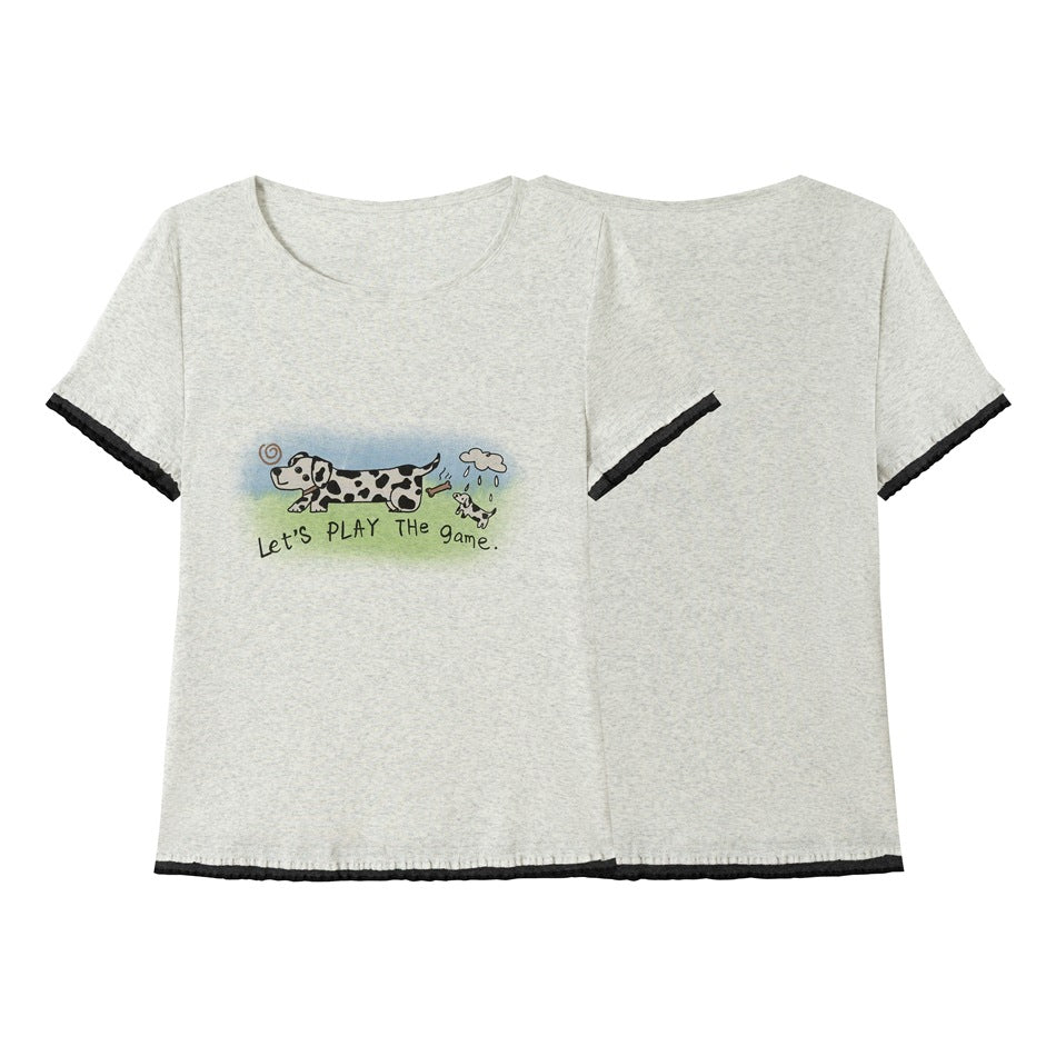 Flat front and back views of a pale heather-gray short-sleeve T-shirt with black trim and a dog graphic on the front.