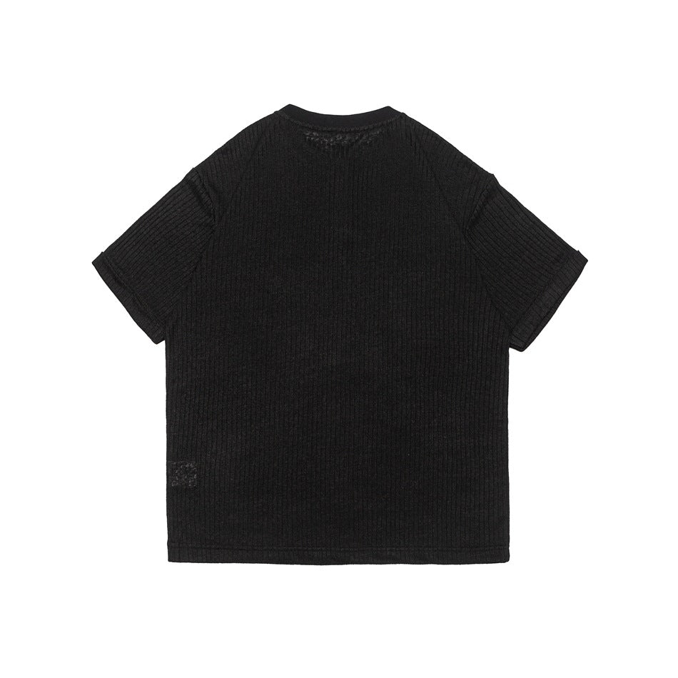 Back view of a black short-sleeve ribbed knit shirt on a plain white background.