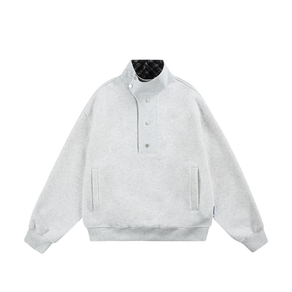 Light heather gray stand-collar sweatshirt flat lay with snap placket, slit pockets and ribbed hem