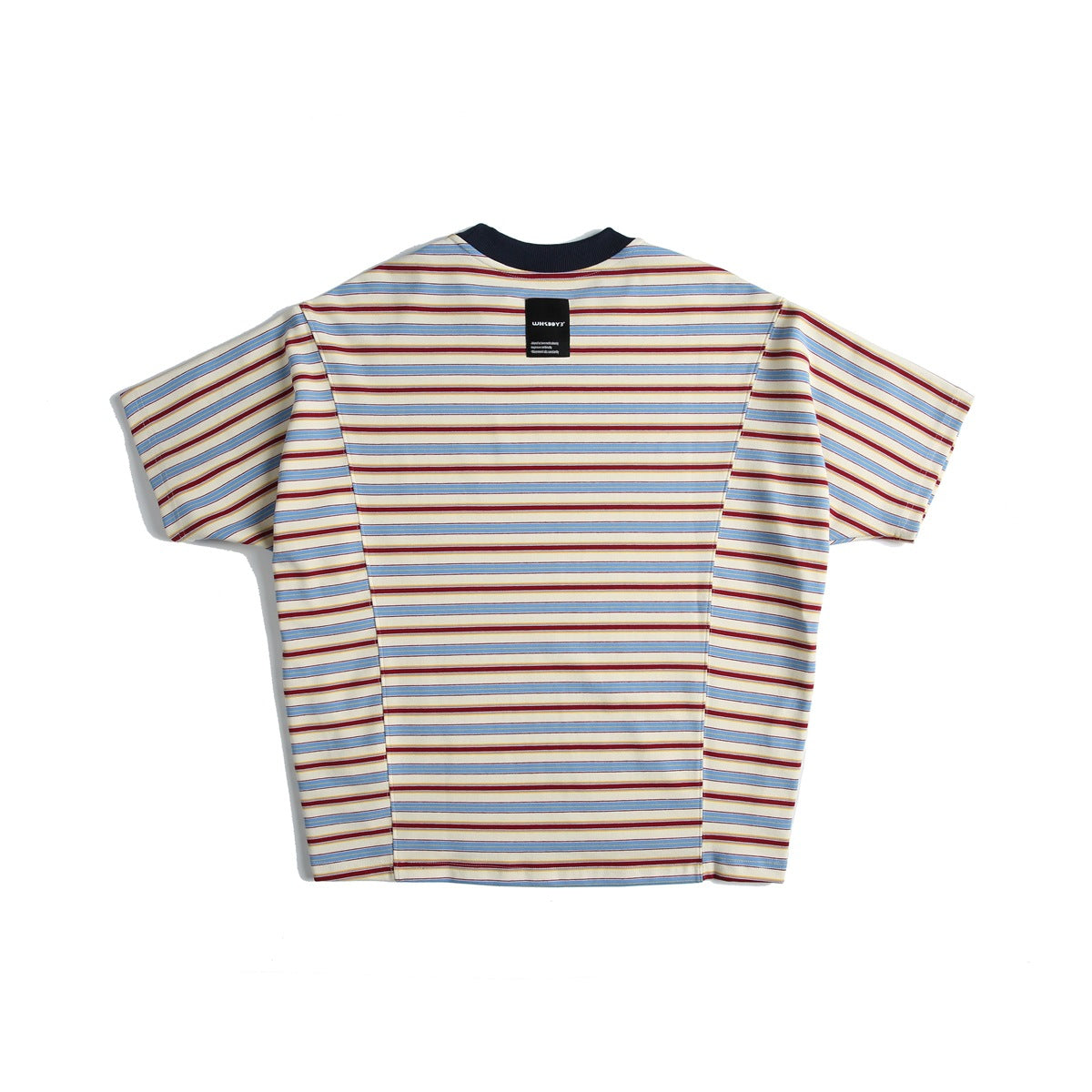 Flat-lay back of a striped short-sleeve T-shirt with navy ribbed collar, panel seams and a small black label