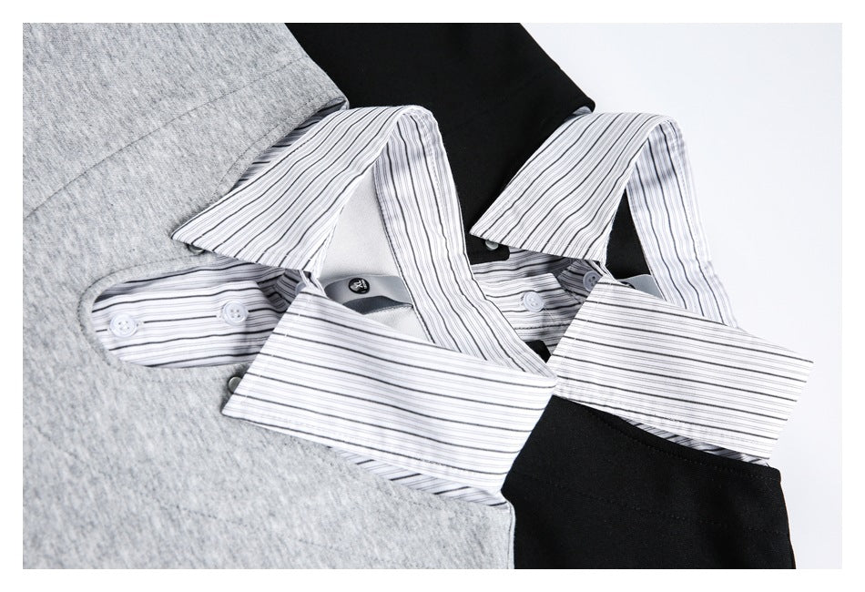Gray and black tops arranged together, showing white collars and cuffs with fine dark stripes.