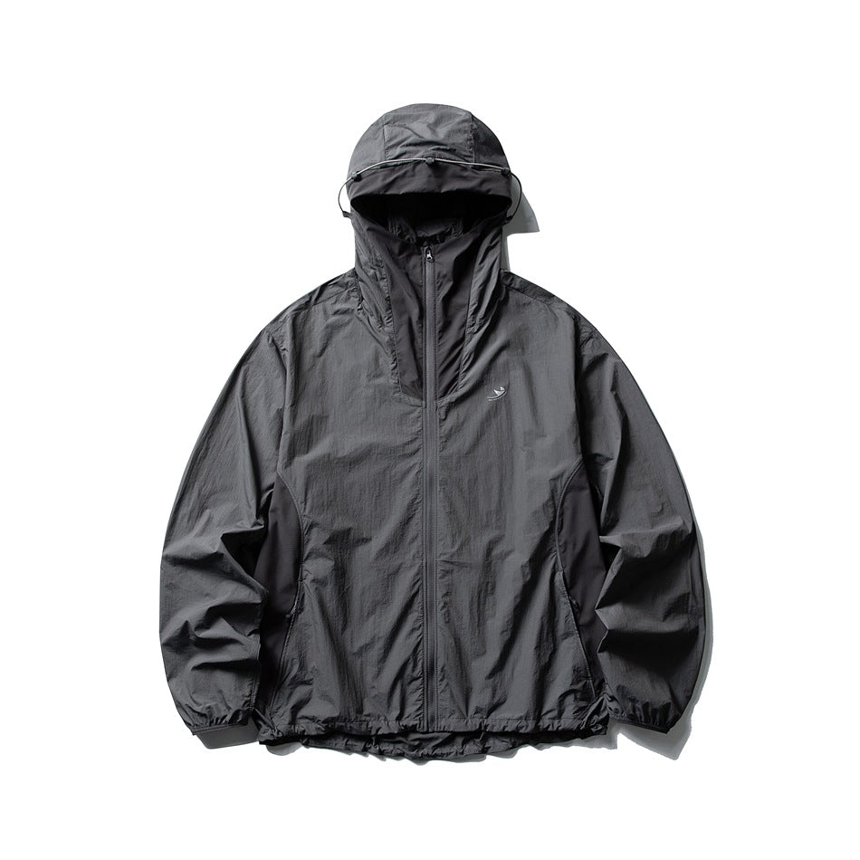 Dark gray hooded full-zip jacket with black contrast side panels and elastic cuffs, front view