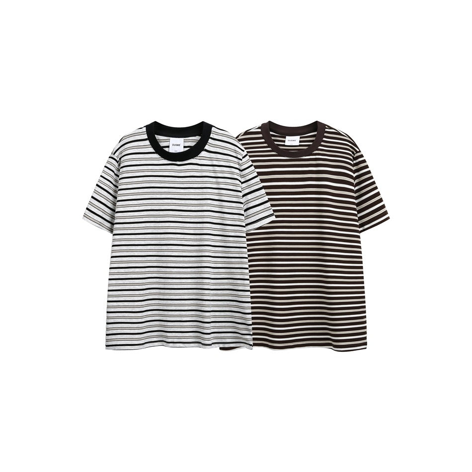 Two short-sleeve striped T-shirts displayed together: white with thin black stripes and dark brown with cream stripes.