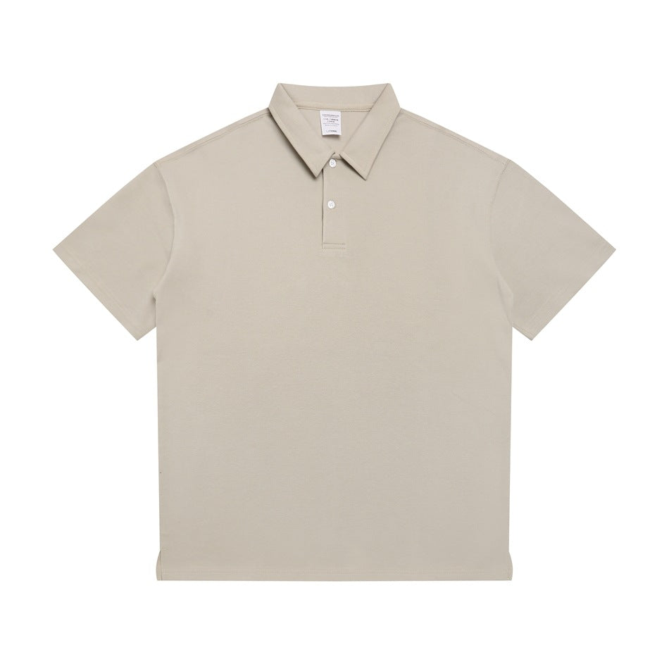 Khaki beige short-sleeve polo shirt with two-button placket, flat lay front view