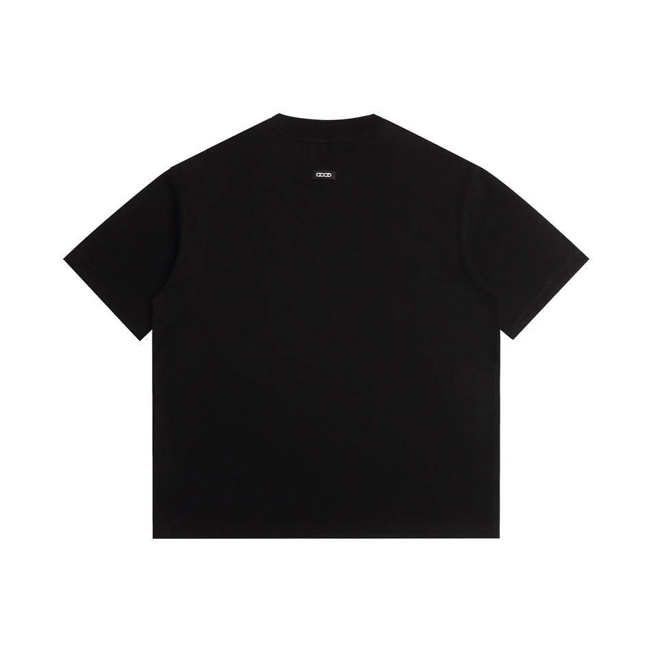 Back view of a plain black short-sleeve crew-neck T-shirt with a small label below the collar.