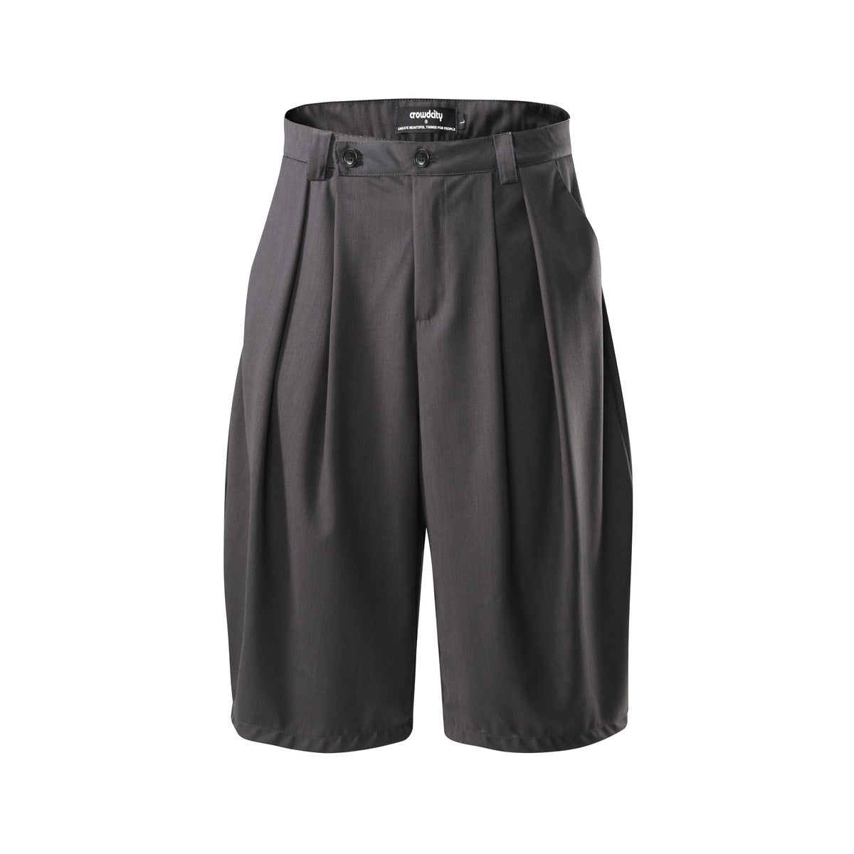 Gray pleated knee-length wide-leg shorts with two-button waistband, front view on white background