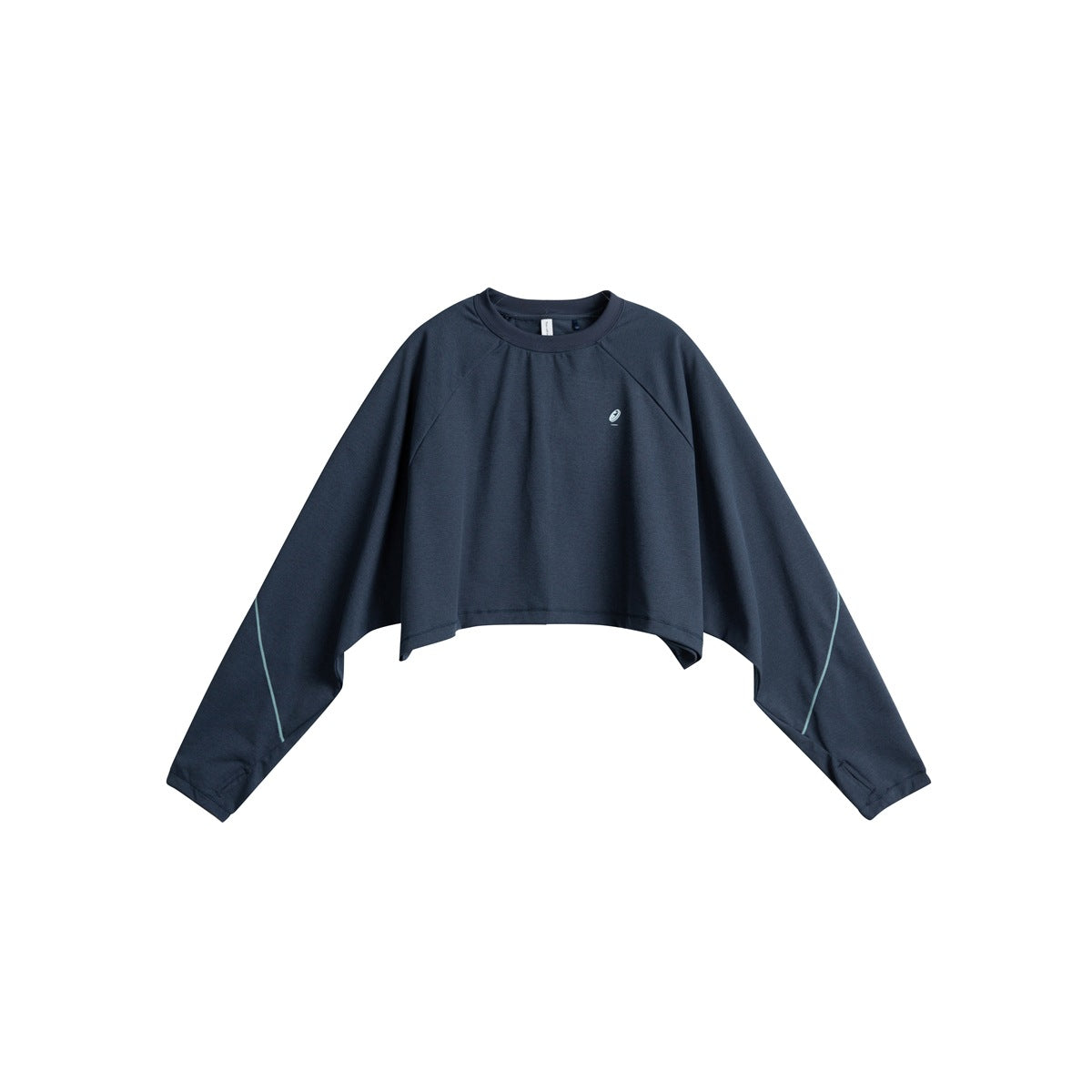 Navy blue cropped long-sleeve top with raglan sleeves, light teal sleeve piping and a small chest logo, flat lay front