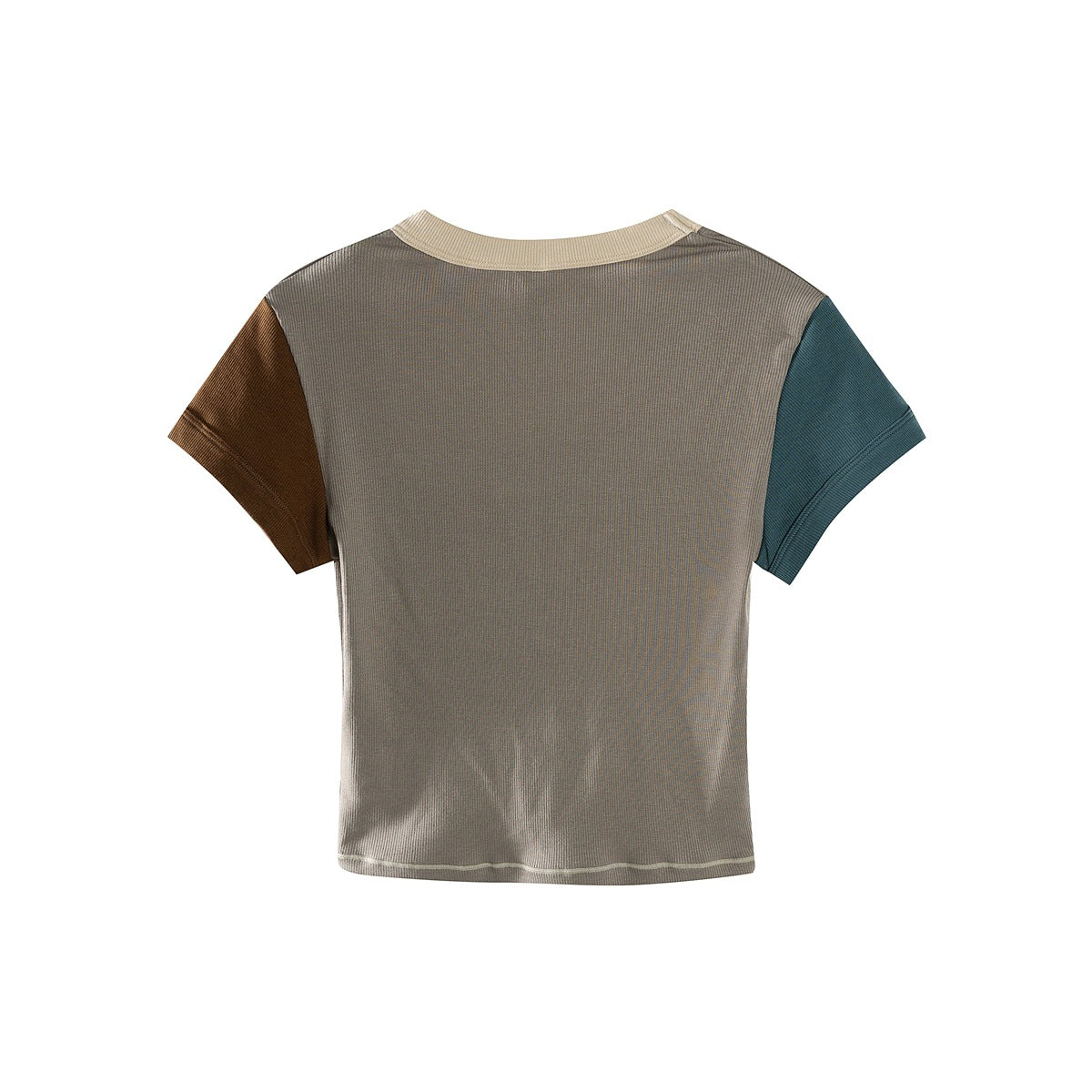 Back of a ribbed taupe short-sleeve top with a cream neckline, brown sleeve, and teal sleeve.