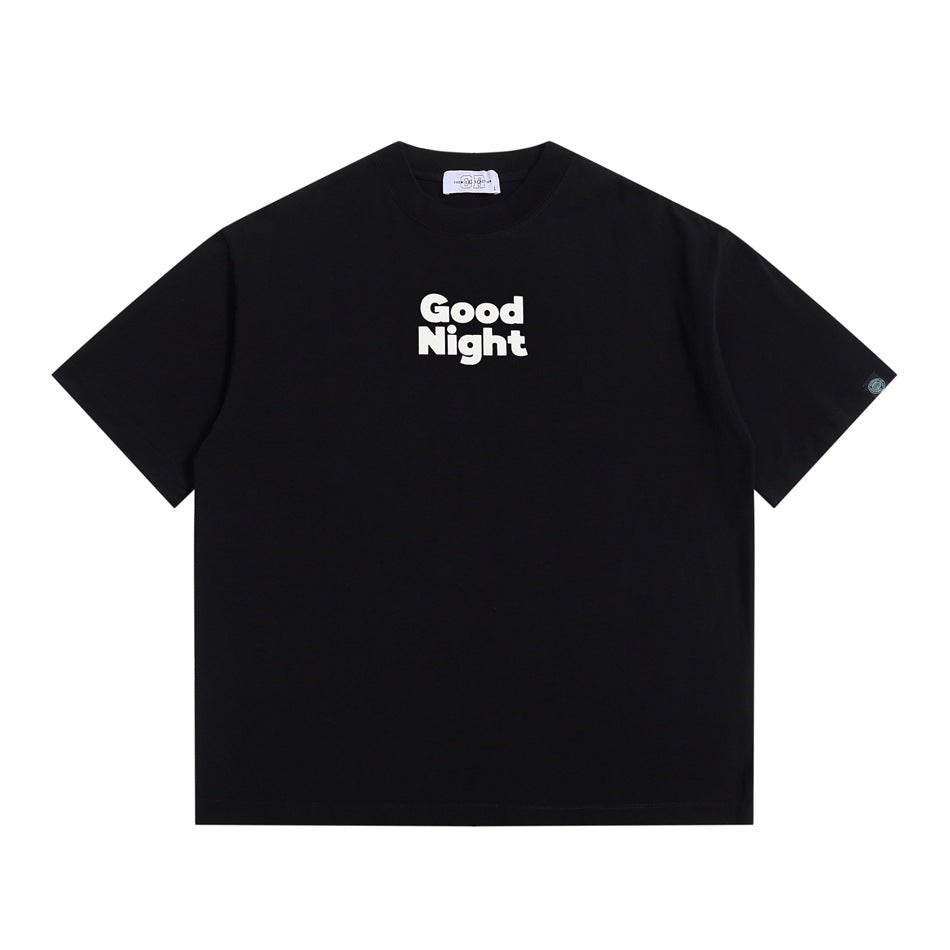 Black short-sleeve crew neck T-shirt with white 'Good Night' print on chest, flat front view